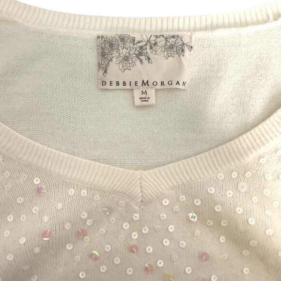Debbie Morgan Women's Sequin V-Neck Sweater Size M Cream Winter Long Sleeve - Picture 3 of 10